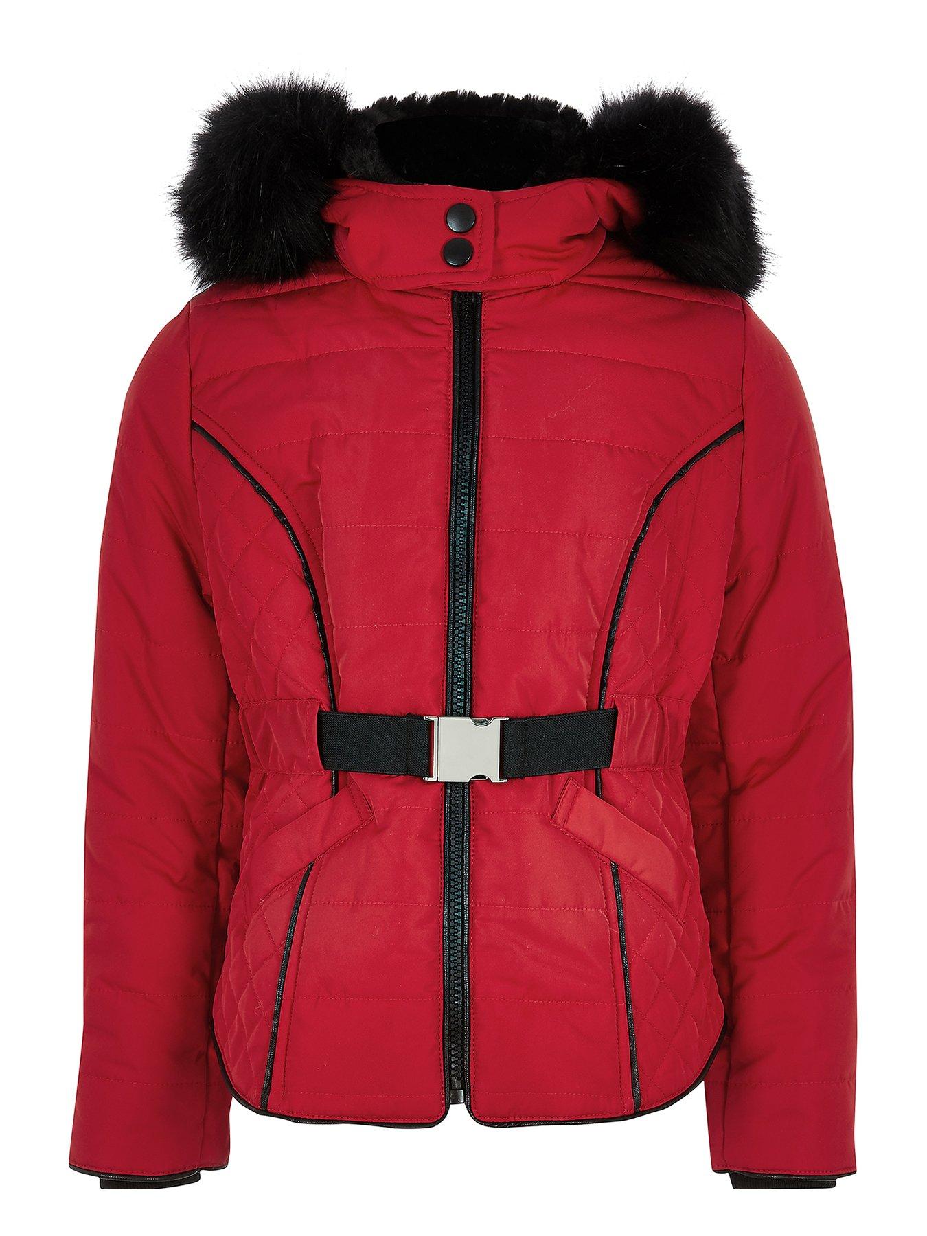 red padded faux fur hooded coat