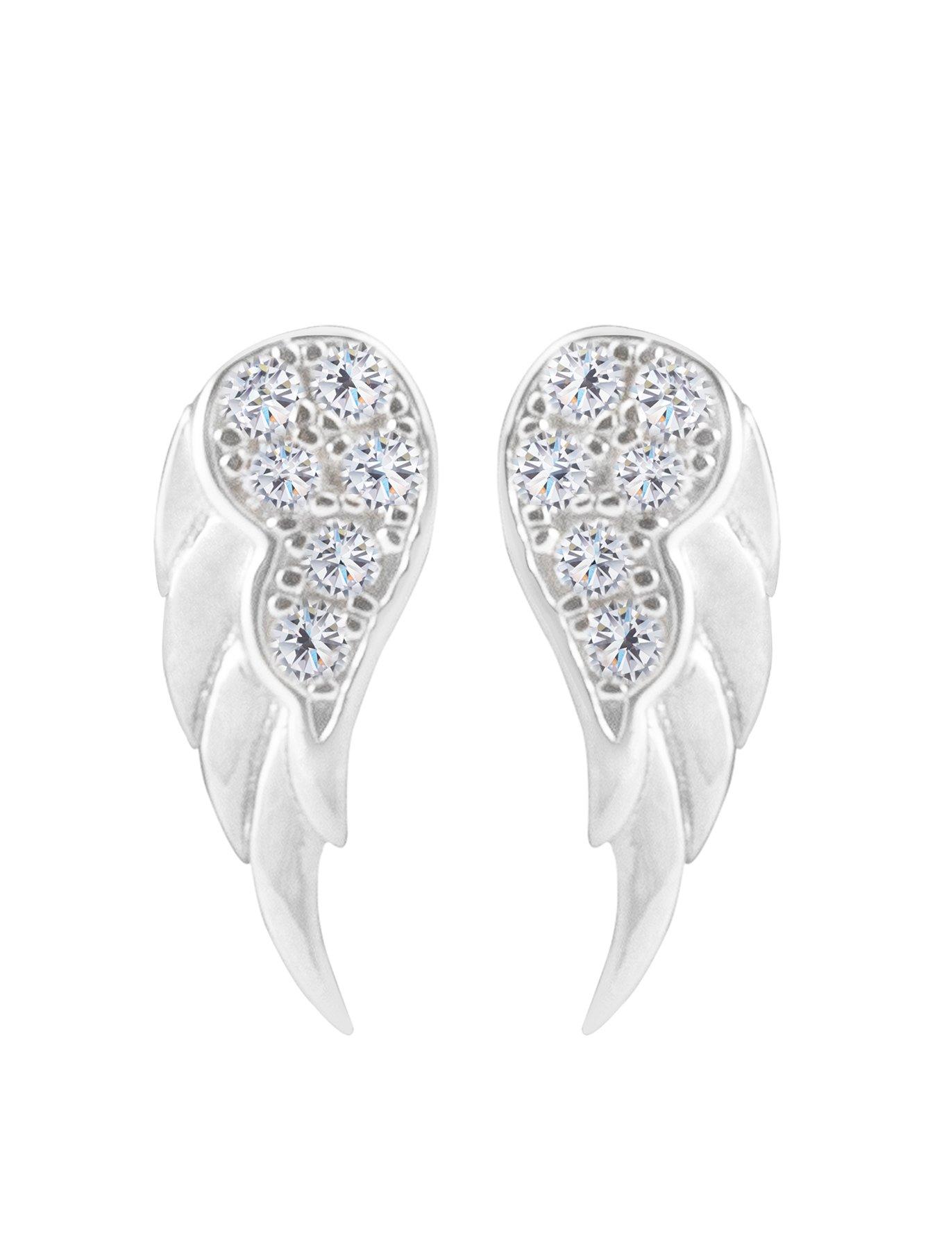 undefined Sterling Silver Cubic Zirconia Angel Wing Stud Earrings