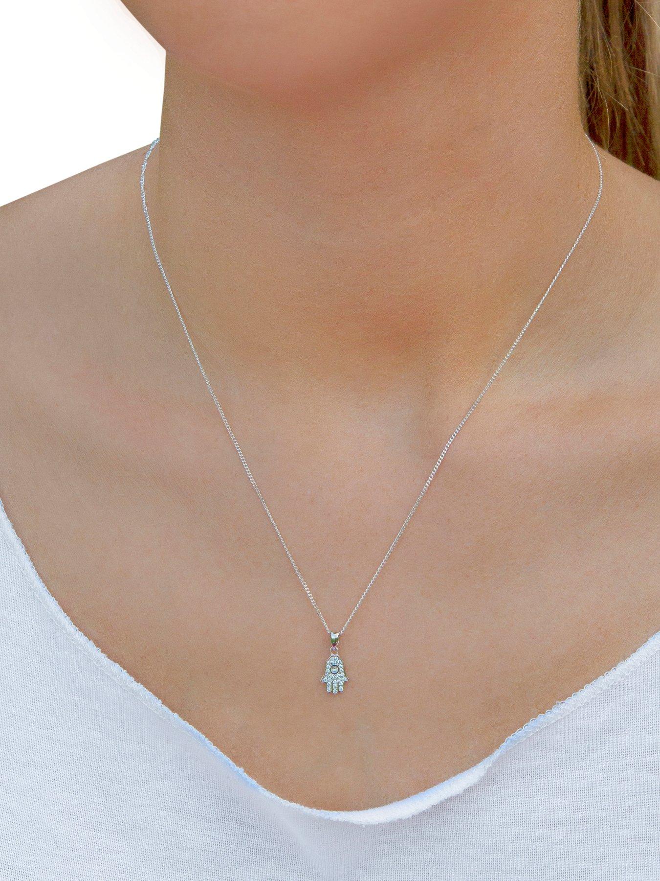  image of the-love-collection-sterling-silver-cubic-zirconia-hamsa-hand-of-fatima-pendant-necklace