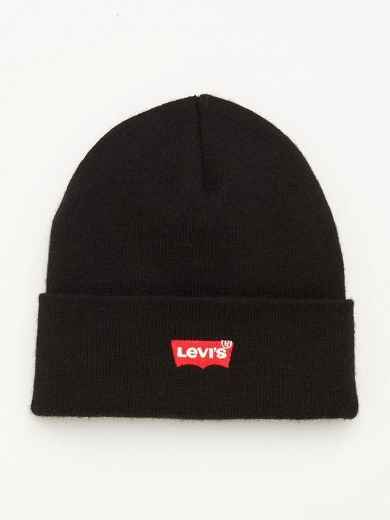 front image of levis-red-batwing-embroidered-slouchy-beanie-hat-black