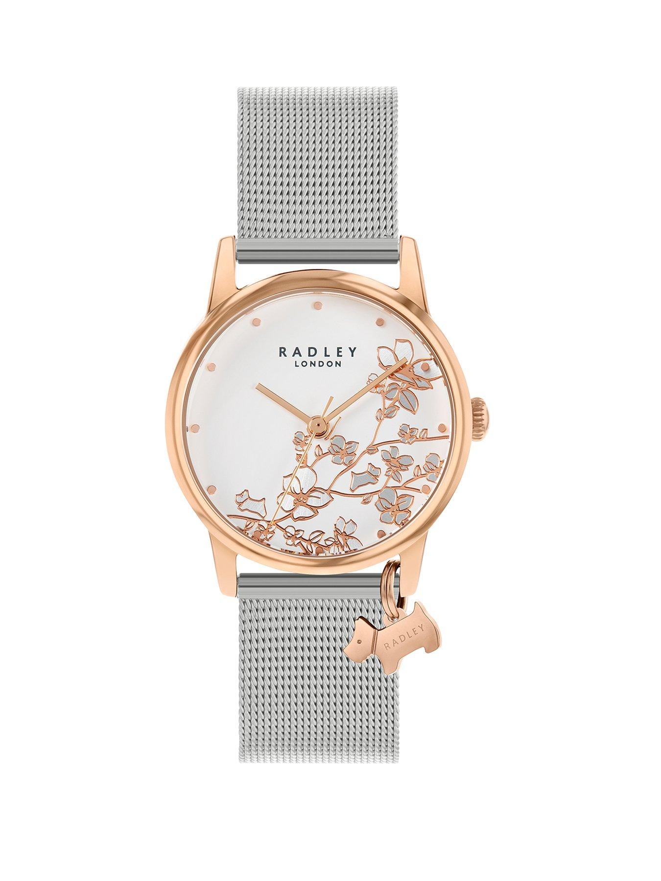 Radley RY4347 Silver Floral and Rose Gold Detail Dog Charm Dial Stainless Steel Mesh Strap Ladies Watch