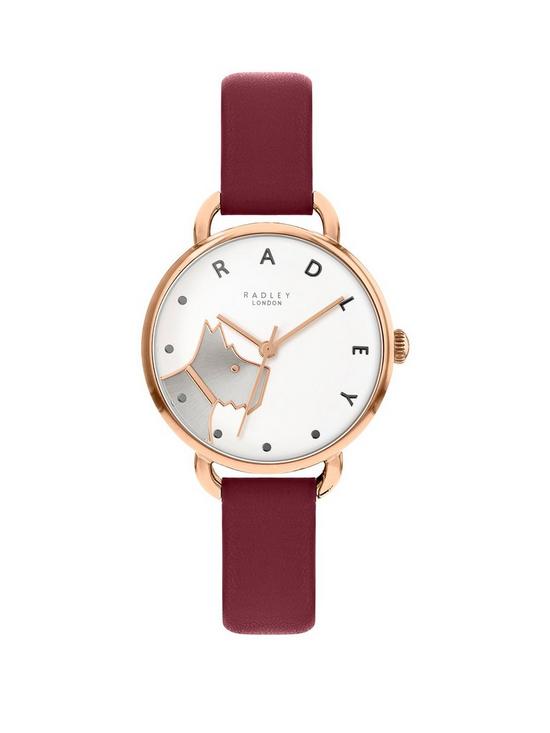 front image of radley-silver-and-rose-gold-detail-dial-pink-leather-strap-ladies-watch