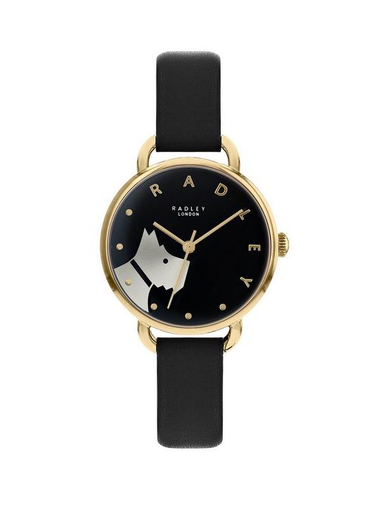 front image of radley-black-and-gold-detail-dial-black-leather-strap-ladies-watch-black