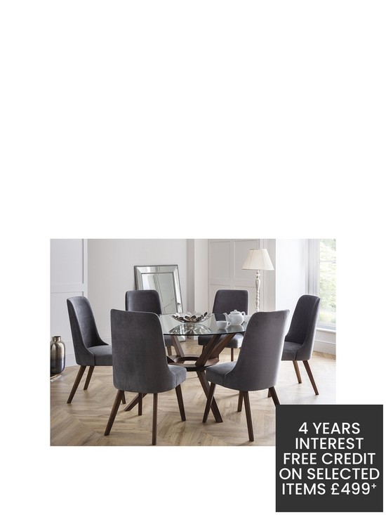 front image of julian-bowen-chelsea-large-140-cm-glass-dining-table-and-6-huxley-chairs