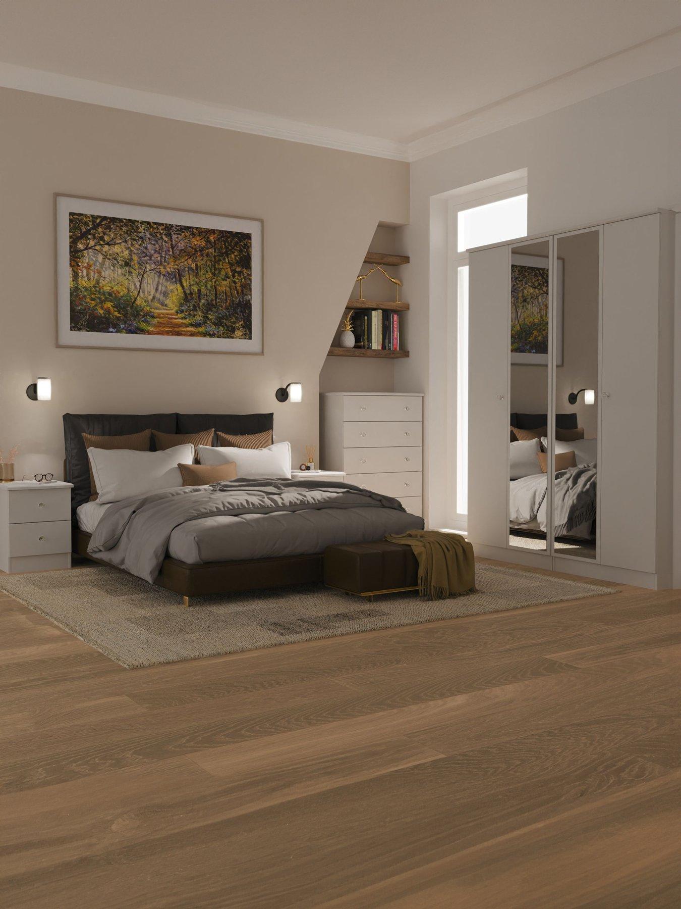 undefined Verve Part Assembled 4 Piece Package - 4 Door Mirrored Wardrobe, 5 Drawer Chest and 2 Bedside Chests - FSC® Certified