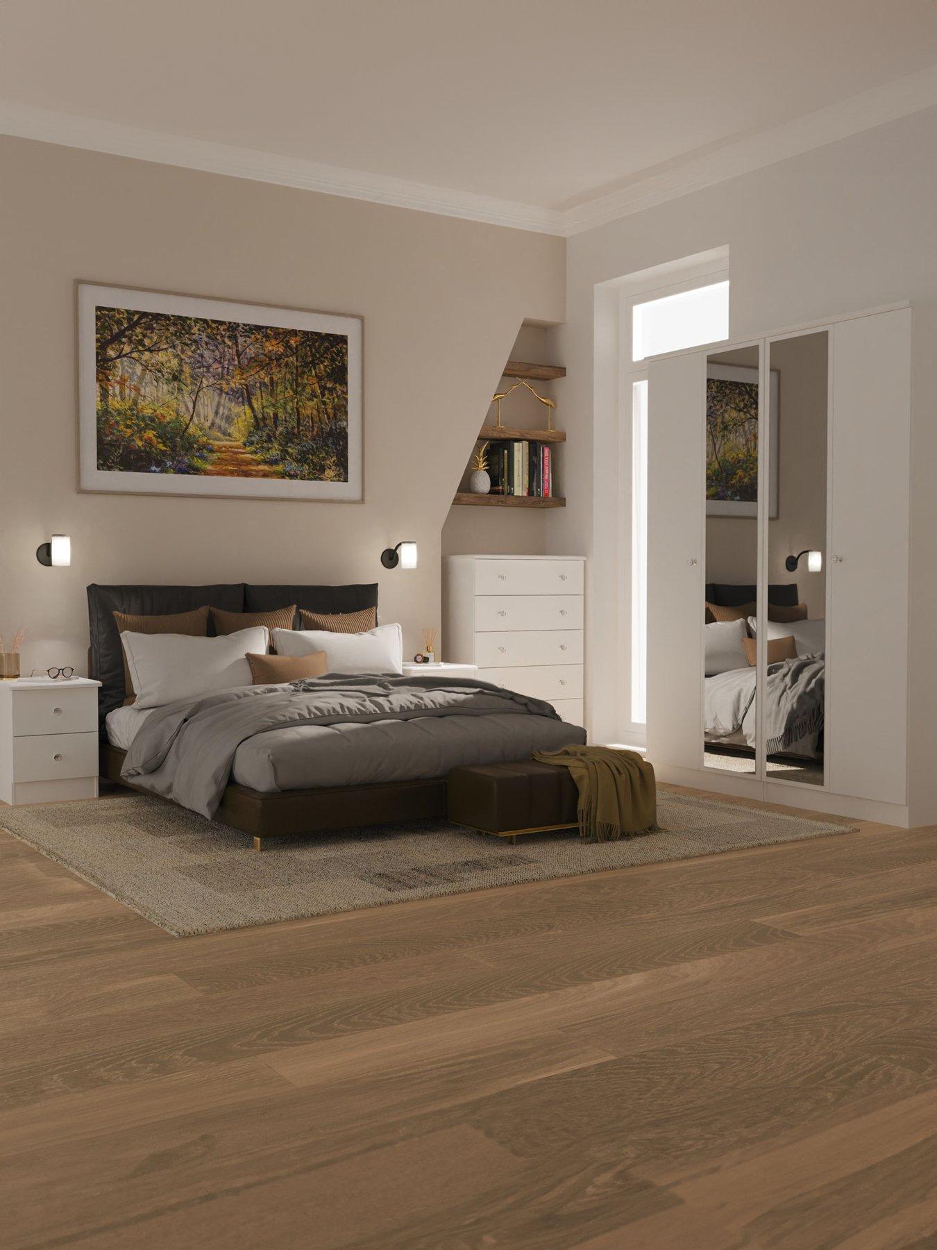 SWIFT Verve Part Assembled 4 Piece Package - 4 Door Mirrored Wardrobe, 5 Drawer Chest and 2 Bedside Chests - FSC® Certified