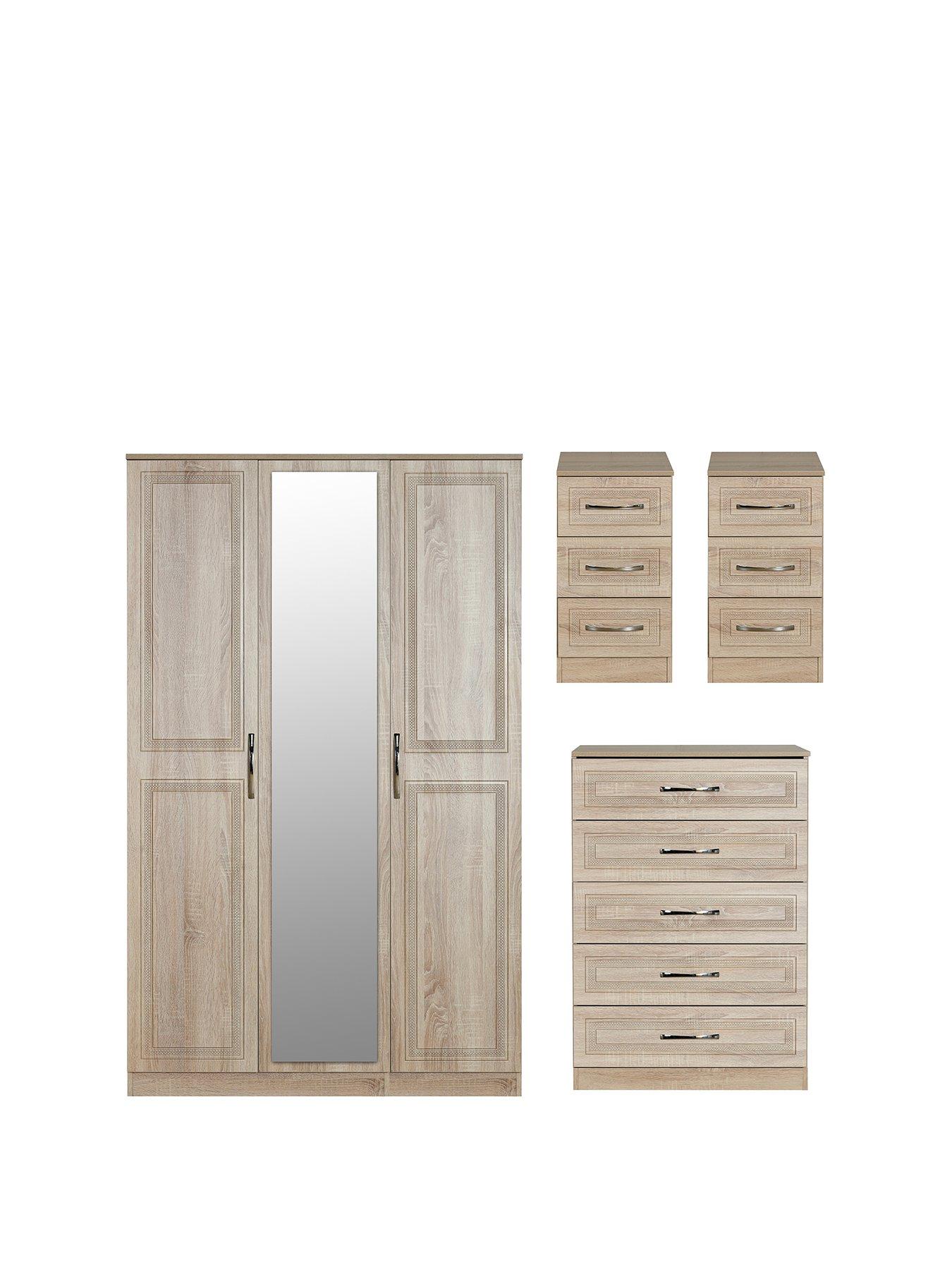 Image 1 of 8 of SWIFT Winchester Part&nbsp;Assembled 4 Piece Package - 3 Door Mirrored Wardrobe, Chest of 5 Drawers and 2 Bedside Chests&nbsp;- FSC&reg; Certified