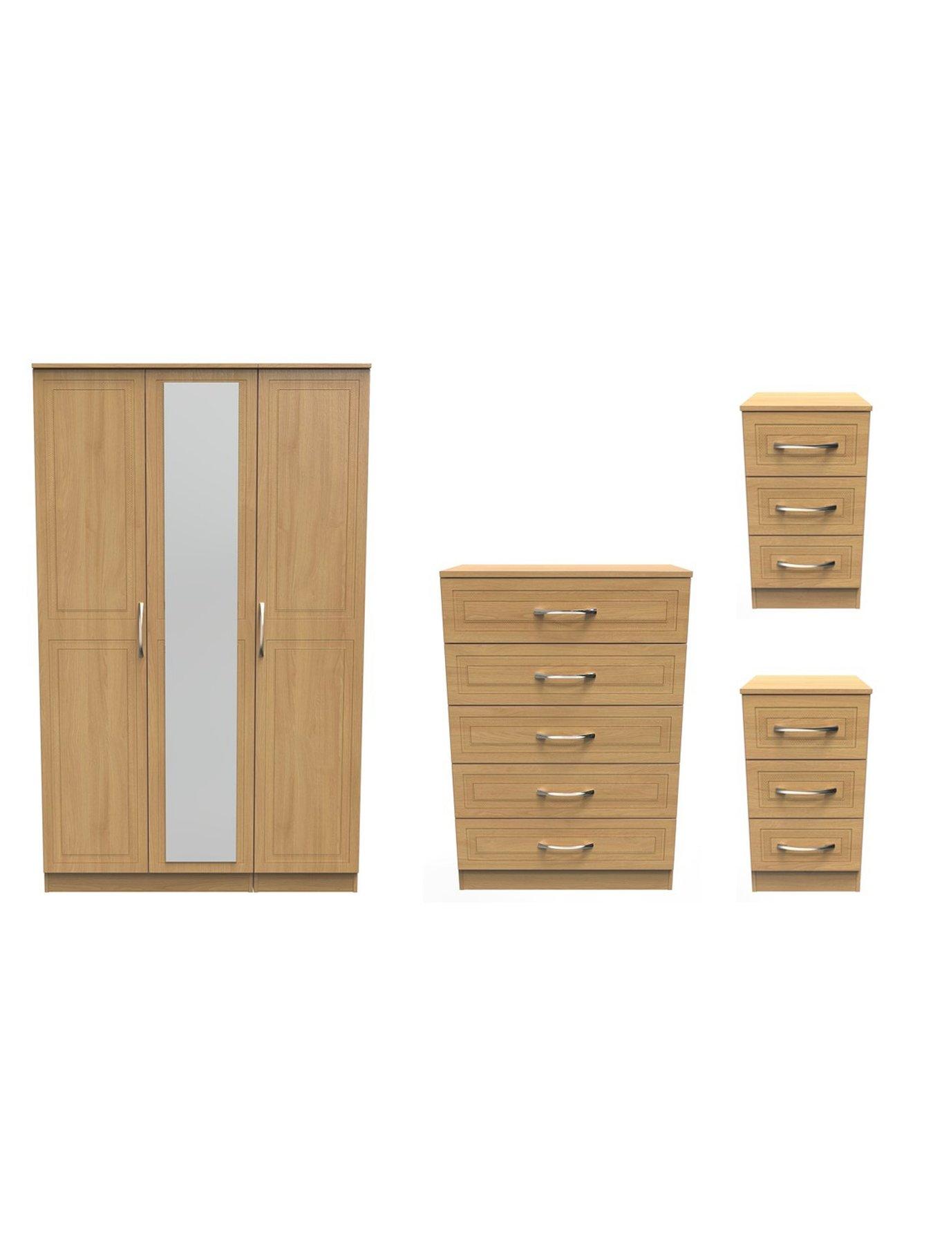 SWIFT Winchester Part Assembled 4 Piece Package - 3 Door Mirrored Wardrobe, Chest of 5 Drawers and 2 Bedside Chests - FSC® Certified