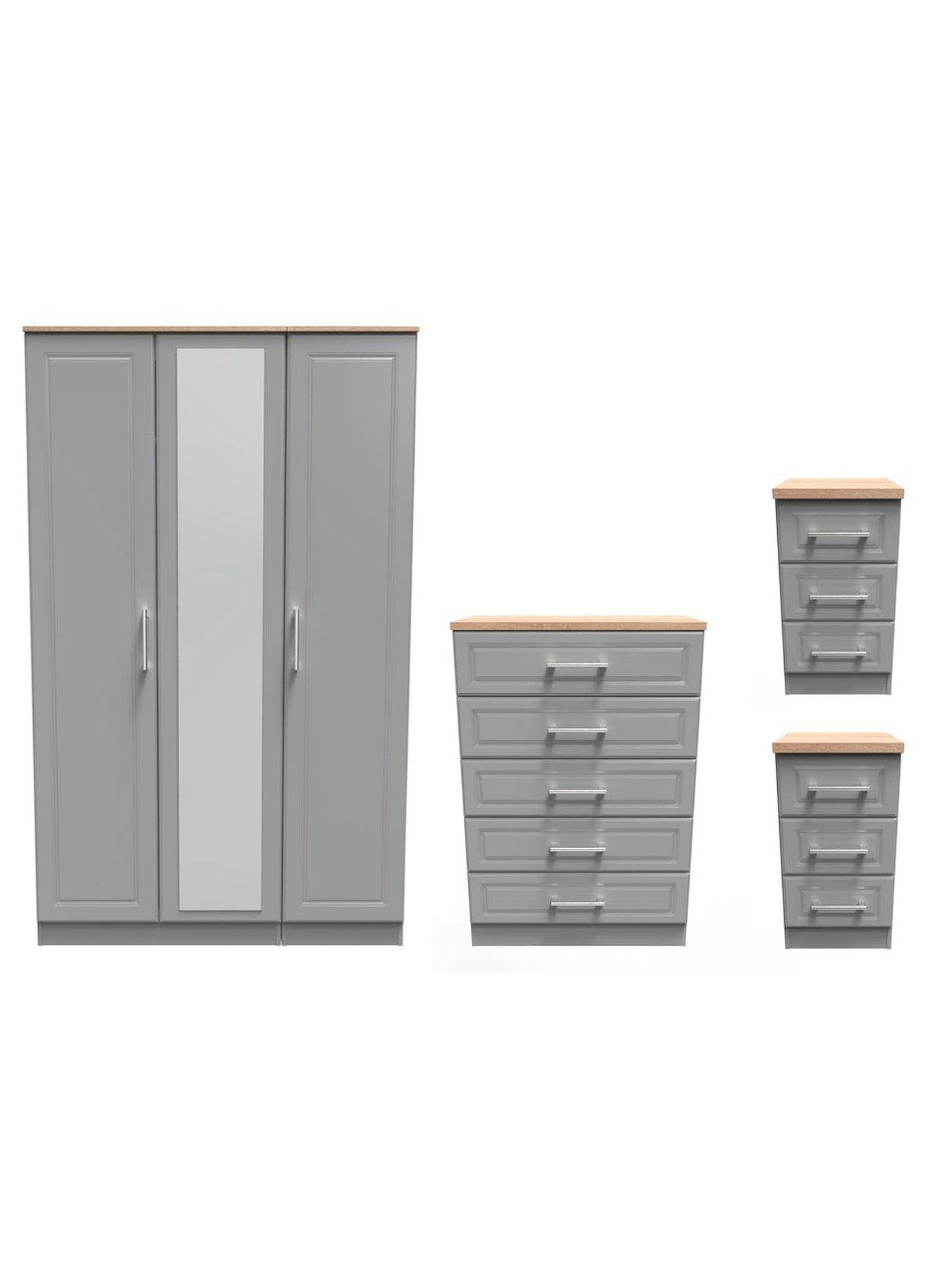 undefined Regent Part Assembled 4 Piece Package - 3 Door Mirrored Wardrobe, 5 Drawer Chest and 2 Bedside Chests - FSC® Certified