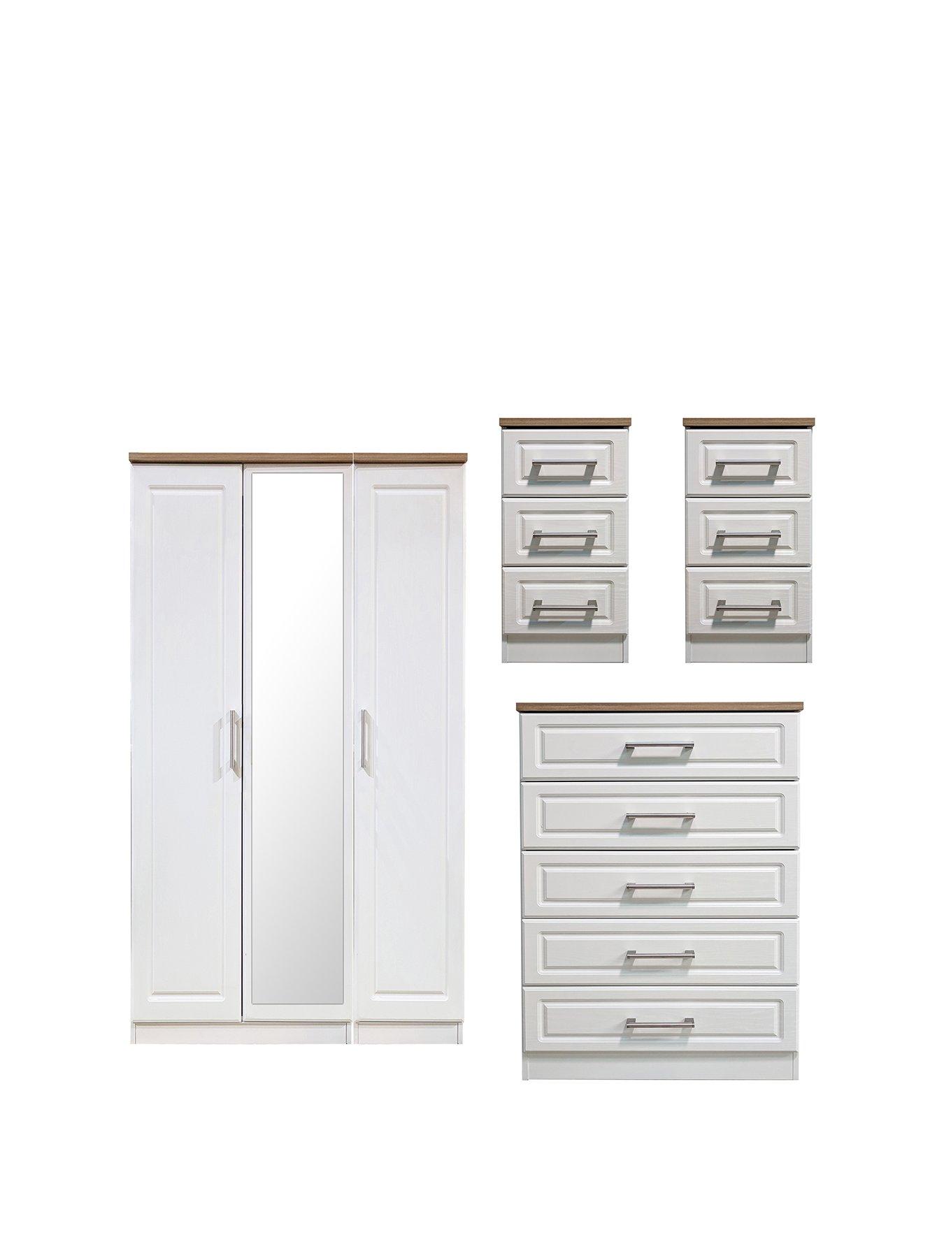 Image 1 of 8 of SWIFT Regent Part&nbsp;Assembled 4 Piece Package - 3 Door Mirrored Wardrobe, 5 Drawer Chest and 2 Bedside Chests&nbsp;- FSC&reg; Certified