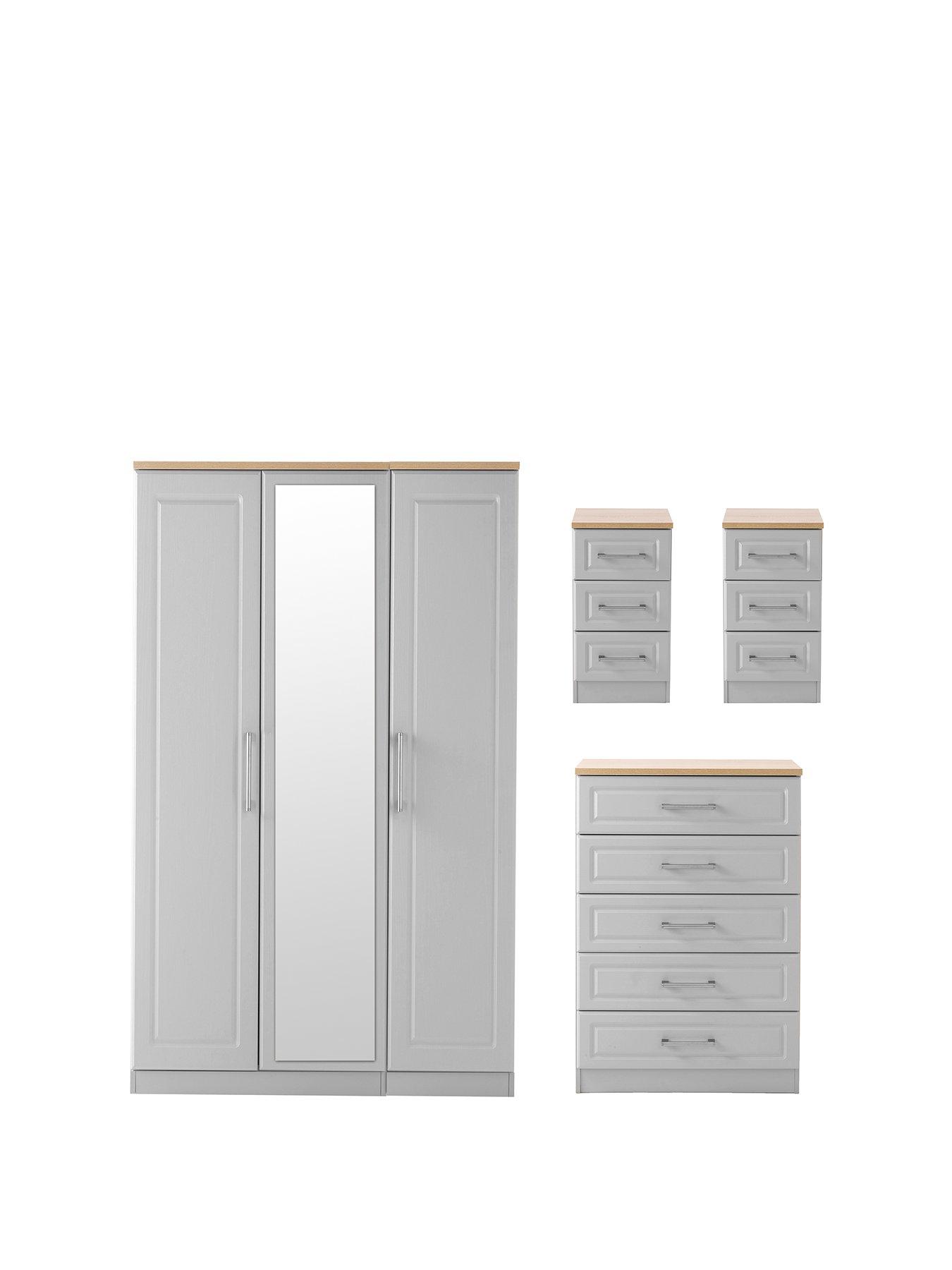 SWIFT Regent Part Assembled 4 Piece Package - 3 Door Mirrored Wardrobe, 5 Drawer Chest and 2 Bedside Chests - FSC® Certified