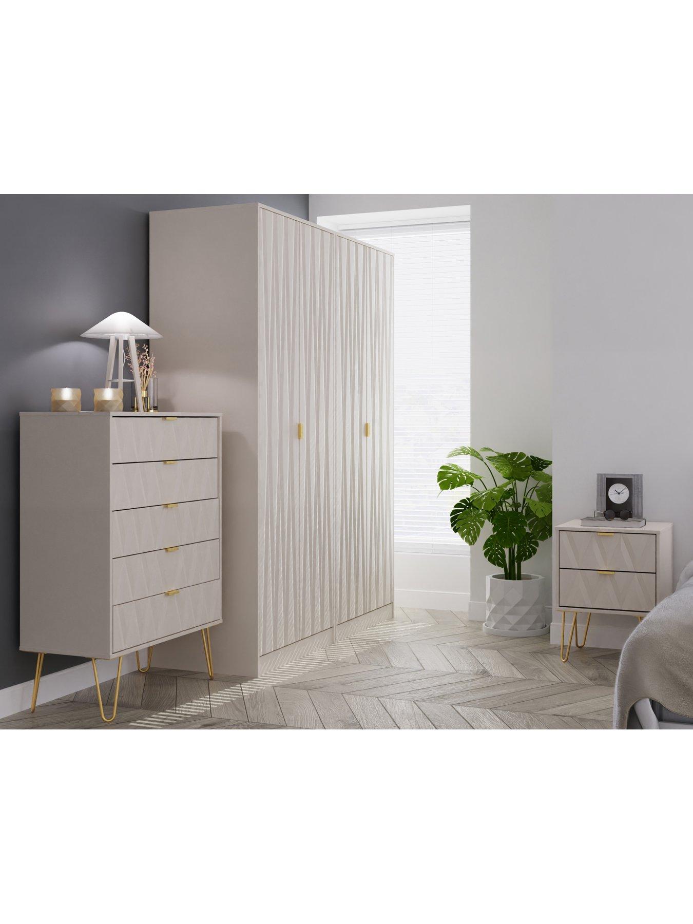 SWIFT Versailles Part Assembled 4 Piece Package - 4 Door Wardrobe, 5 Drawer Chest and 2 Bedside Chests - FSC® Certified