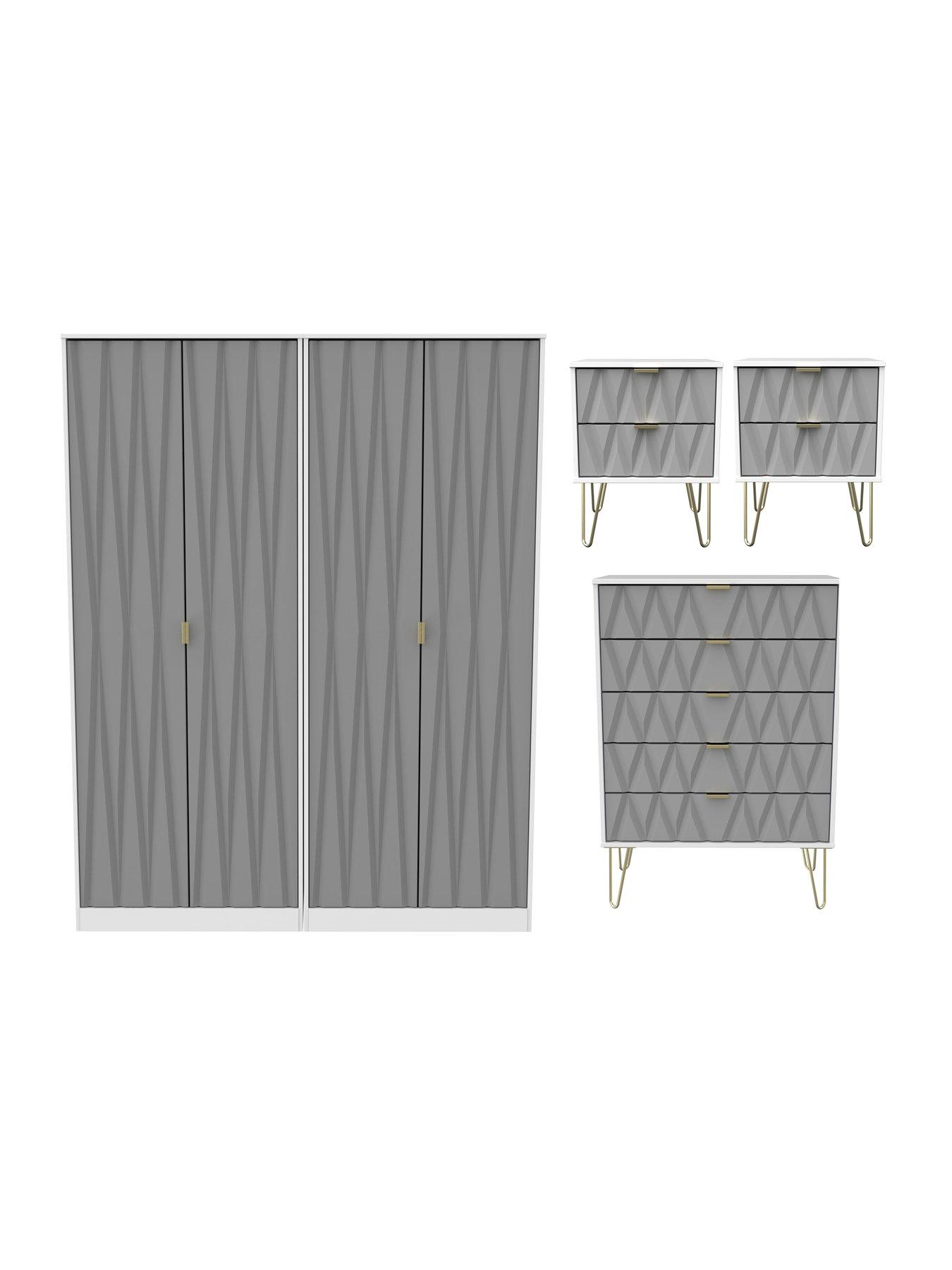SWIFT Versailles Part Assembled 4 Piece Package - 4 Door Wardrobe, 5 Drawer Chest and 2 Bedside Chests - FSC® Certified