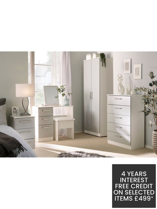 stillFront image of swift-montreal-gloss-3-piece-ready-assembled-package-5-drawer-chest-and-2-bedside-chests