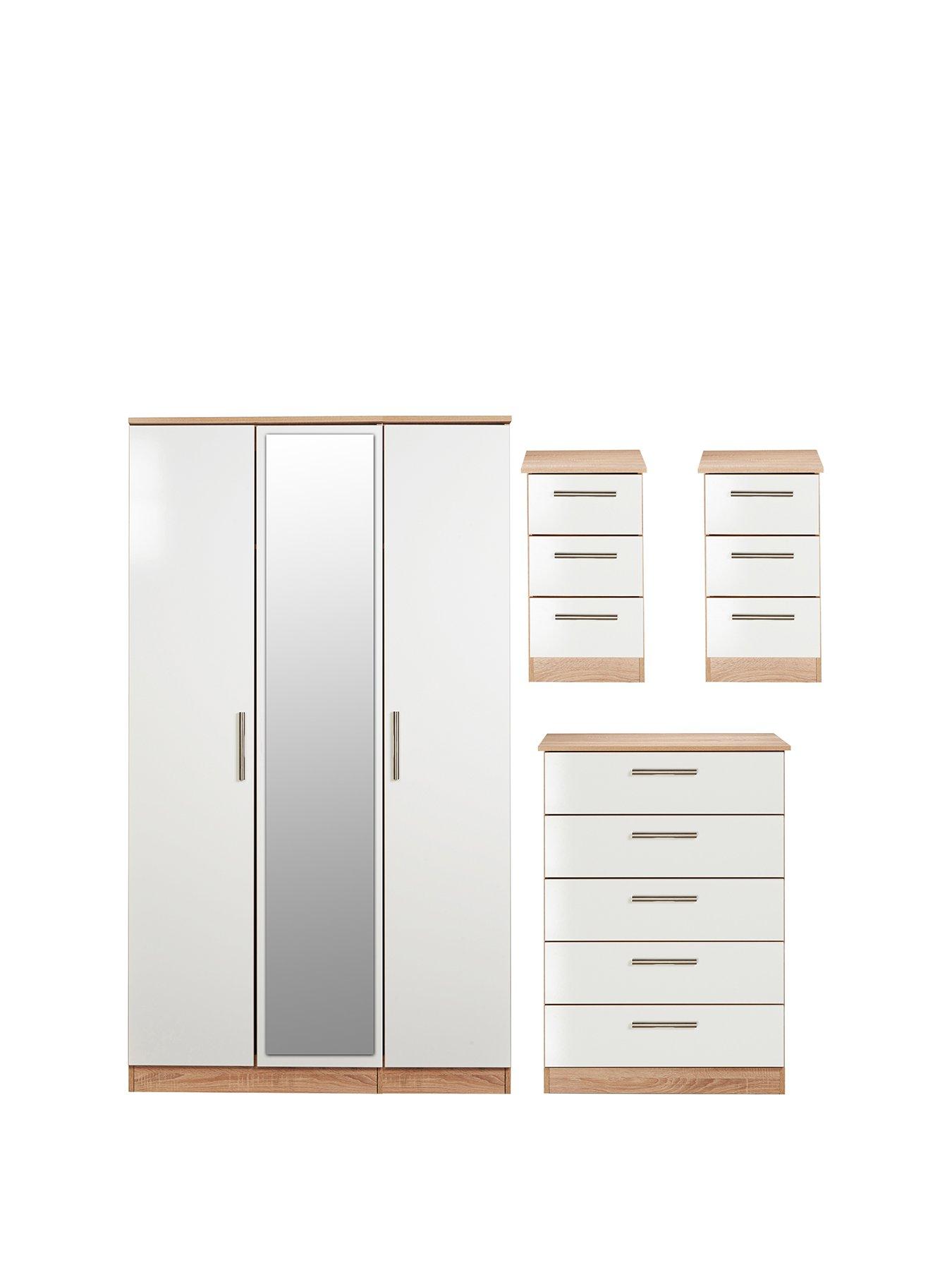SWIFT Montreal Ready Assembled 4 Piece Package - 3 Door Mirrored Wardrobe, 5 Drawer Chest and 2 Bedside Chests - FSC® Certified