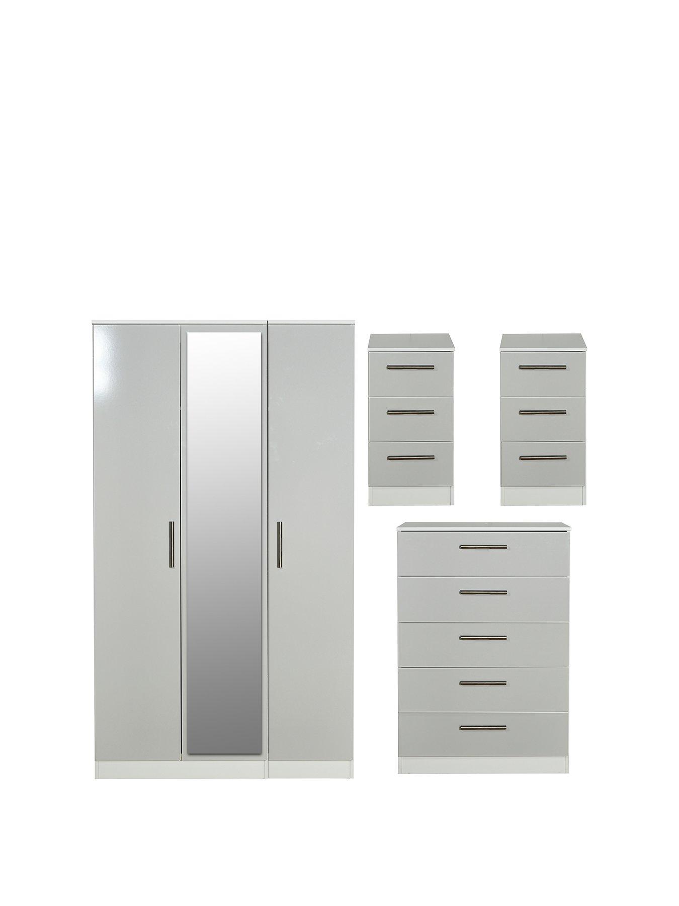 SWIFT Montreal Ready Assembled 4 Piece Package - 3 Door Mirrored Wardrobe, 5 Drawer Chest and 2 Bedside Chests - FSC® Certified