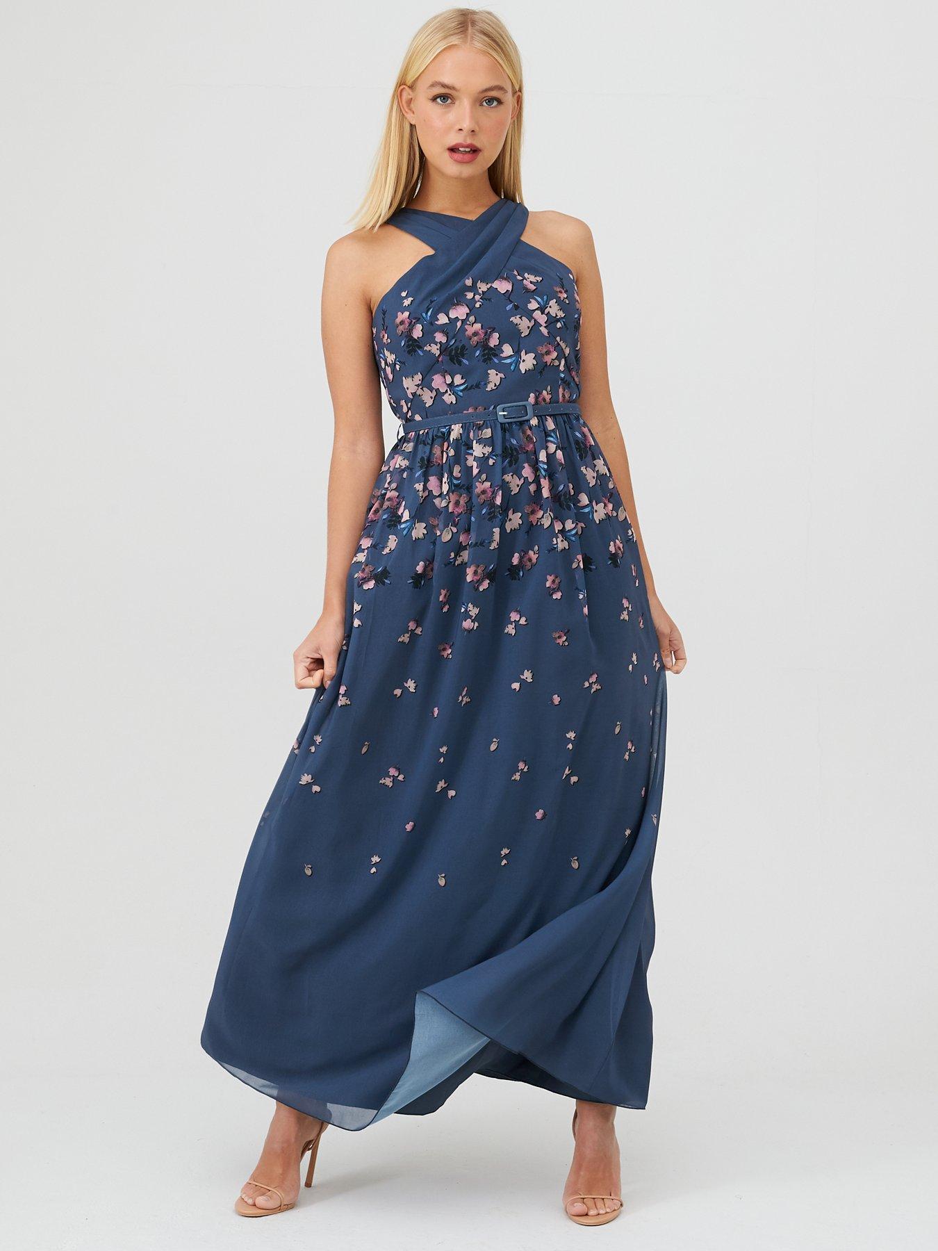 LITTLE MISTRESS WOMENS LONG CAP SLEEVE EMBELLISHED NAVY SIZE 10 MAXI DRESS £85