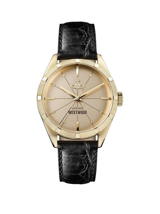 front image of vivienne-westwood-conduit-gold-dial-black-leather-strap-watch