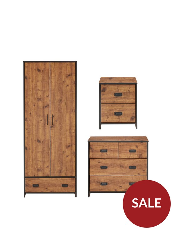 front image of jackson-3-piece-packagenbsp-nbspkids-2-door-1-drawer-wardrobe-22-drawer-chest-and-2-drawer-bedside-chest-rustic-pine-effect