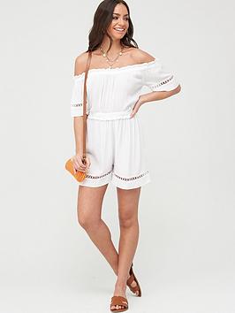 V by Very V By Very Crinkle Lace Trim Bardot Beach Playsuit - White Picture