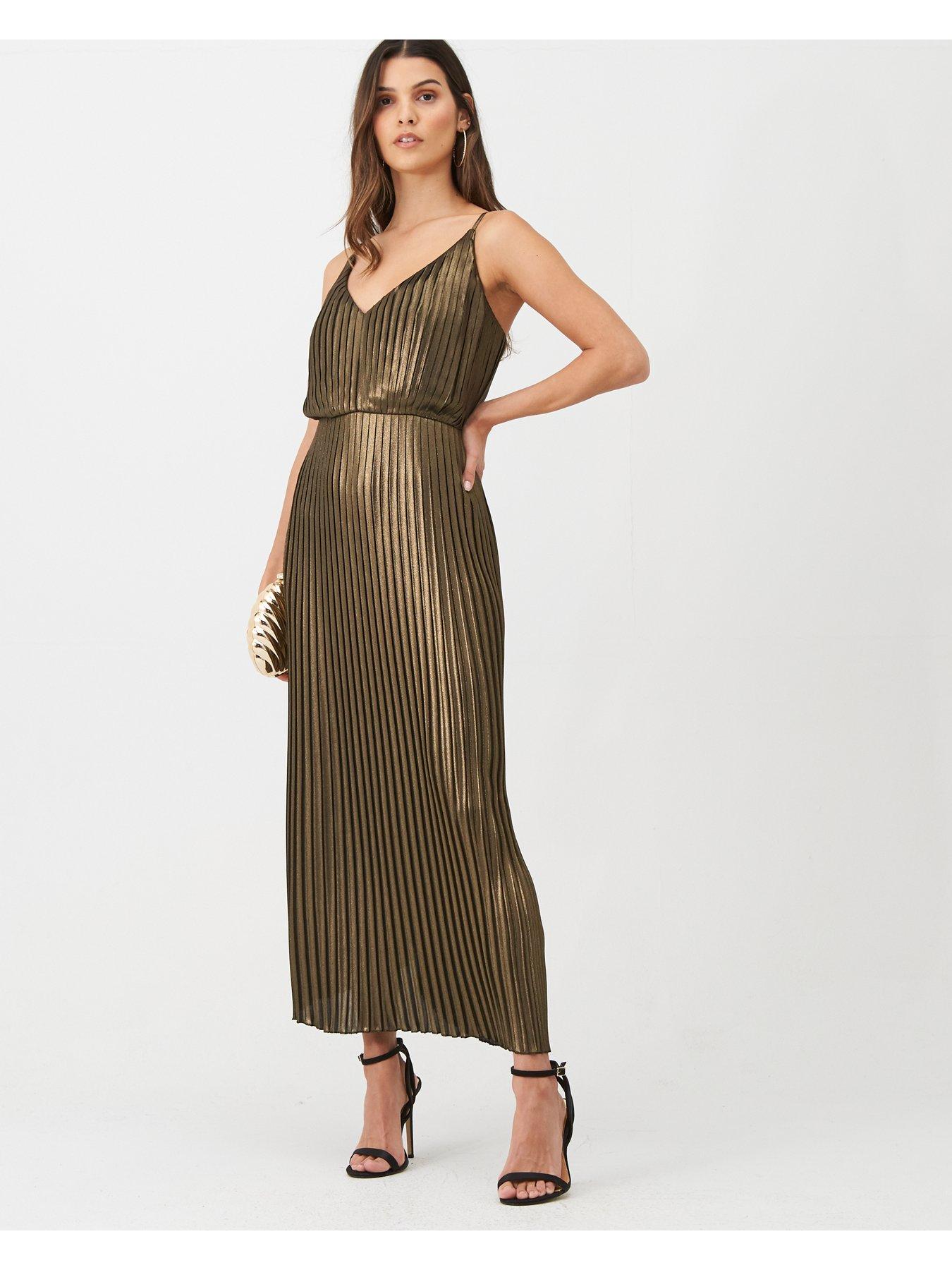warehouse foil pleated midi dress