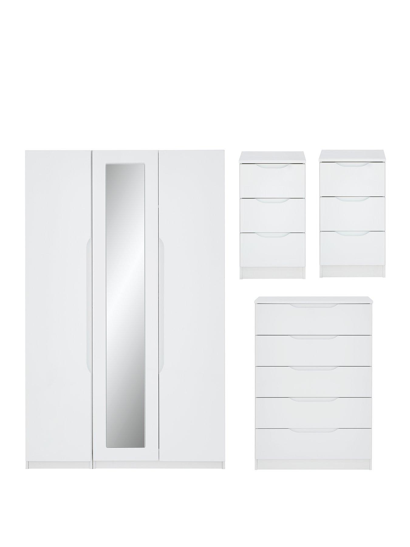  image of one-call-monaco-part-assemblednbsp4-piece-gloss-package-3-door-mirrored-wardrobe-5-drawer-chest-and-2-bedside-chestsnbsp--express-delivery-available