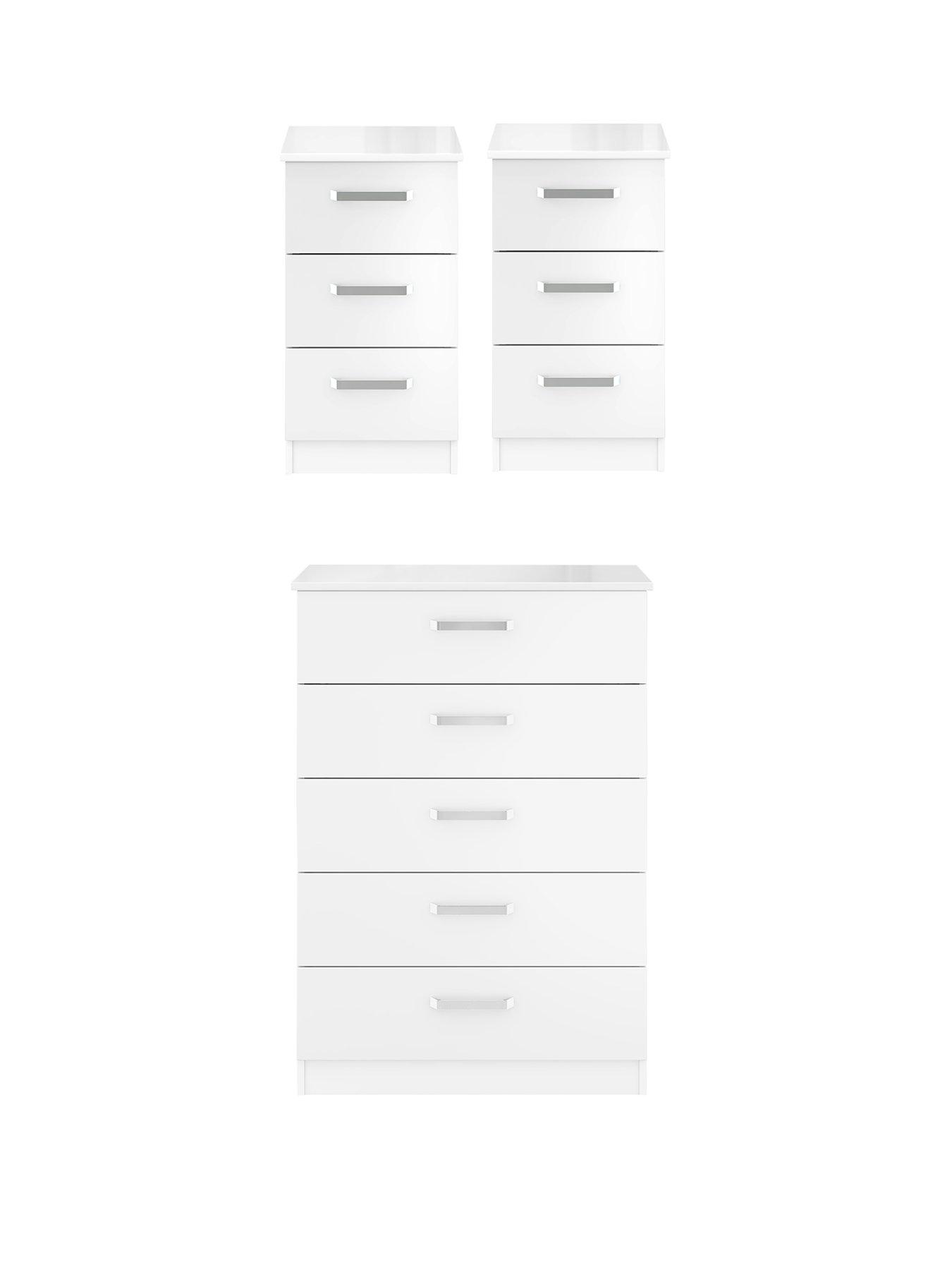 undefined Sanford High Gloss Ready Assembled 3 Piece Package - Chest of 5 Drawers and 2 Bedside Chests