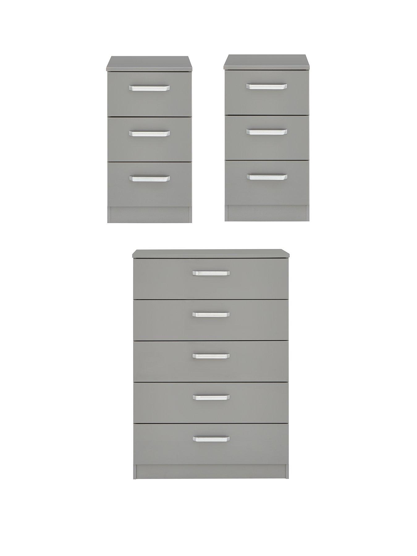 One Call Sanford High Gloss Ready Assembled 3 Piece Package - Chest of 5 Drawers and 2 Bedside Chests