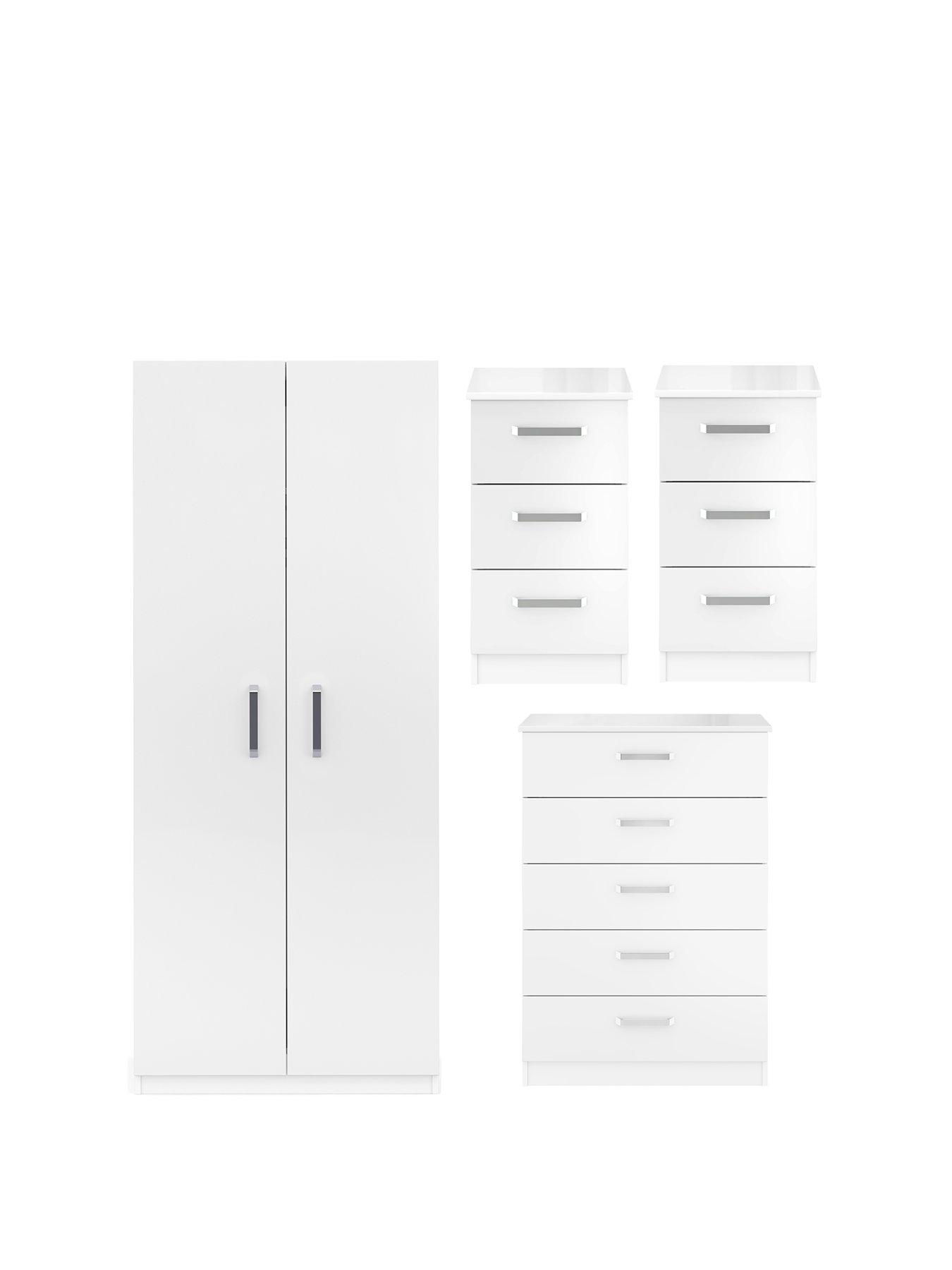 undefined Sanford High Gloss Ready Assembled 4 Piece Package - 2 Door Wardrobe, Chest of 5 Drawers and 2 Bedside Chests