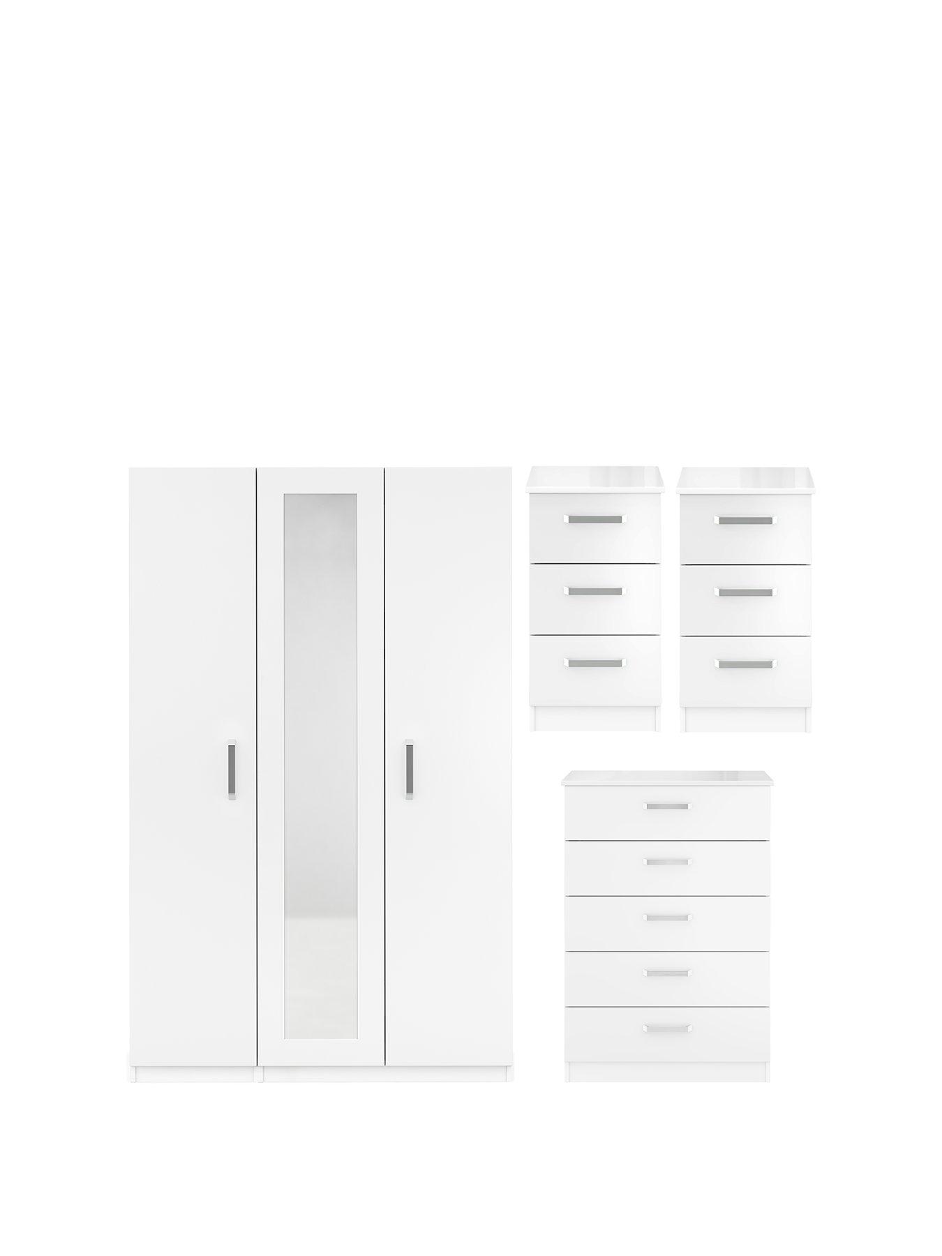 undefined Sanford Part Assembled High Gloss 4 Piece Package - 3 Door Mirrored Wardrobe, Chest of 5 Drawers and 2 Bedside Chests