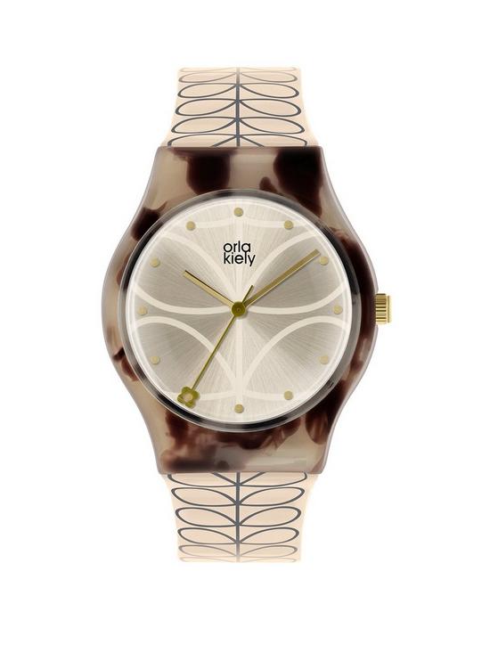 front image of orla-kiely-bobby-champagne-and-mink-tortoise-shell-dial-cream-and-grey-stem-print-strap-ladies-watch
