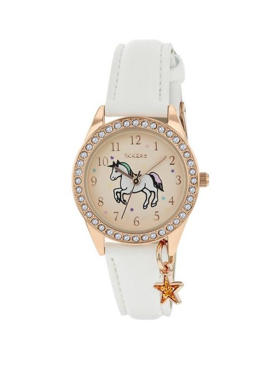 front image of tikkers-gold-unicorn-sunray-crystal-set-dial-with-star-charm-and-white-leather-strap-kids-watch
