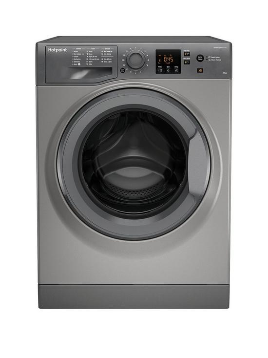 front image of hotpoint-nswm843cggukn-8kg-load-1400-spin-washing-machine-graphite