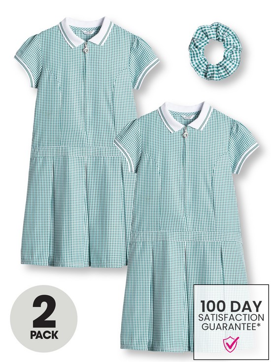 front image of v-by-very-girls-2-pack-rib-collar-gingham-school-summernbspdress-green