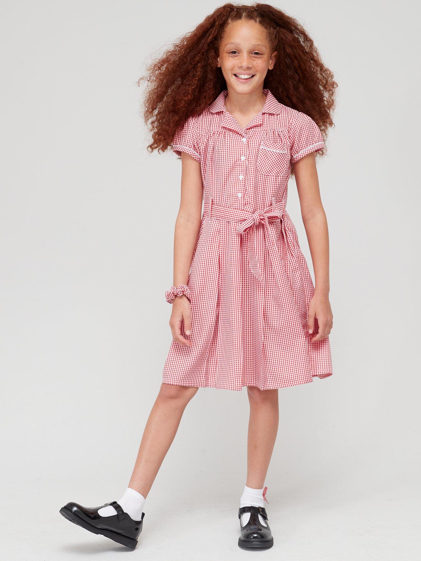 undefined Girls 2 Pack Traditional Gingham Water-Repellent School Summer Dress - Red