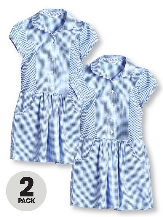 front image of v-by-very-girls-2-pack-drop-waist-gingham-water-repellentnbspschool-summer-dress-blue
