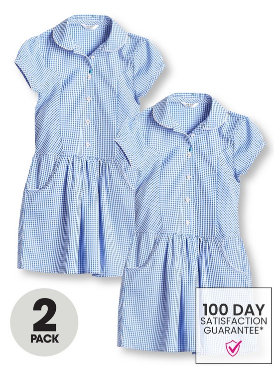 front image of everyday-girls-2-pack-drop-waist-gingham-water-repellentnbspschool-summer-dress-blue