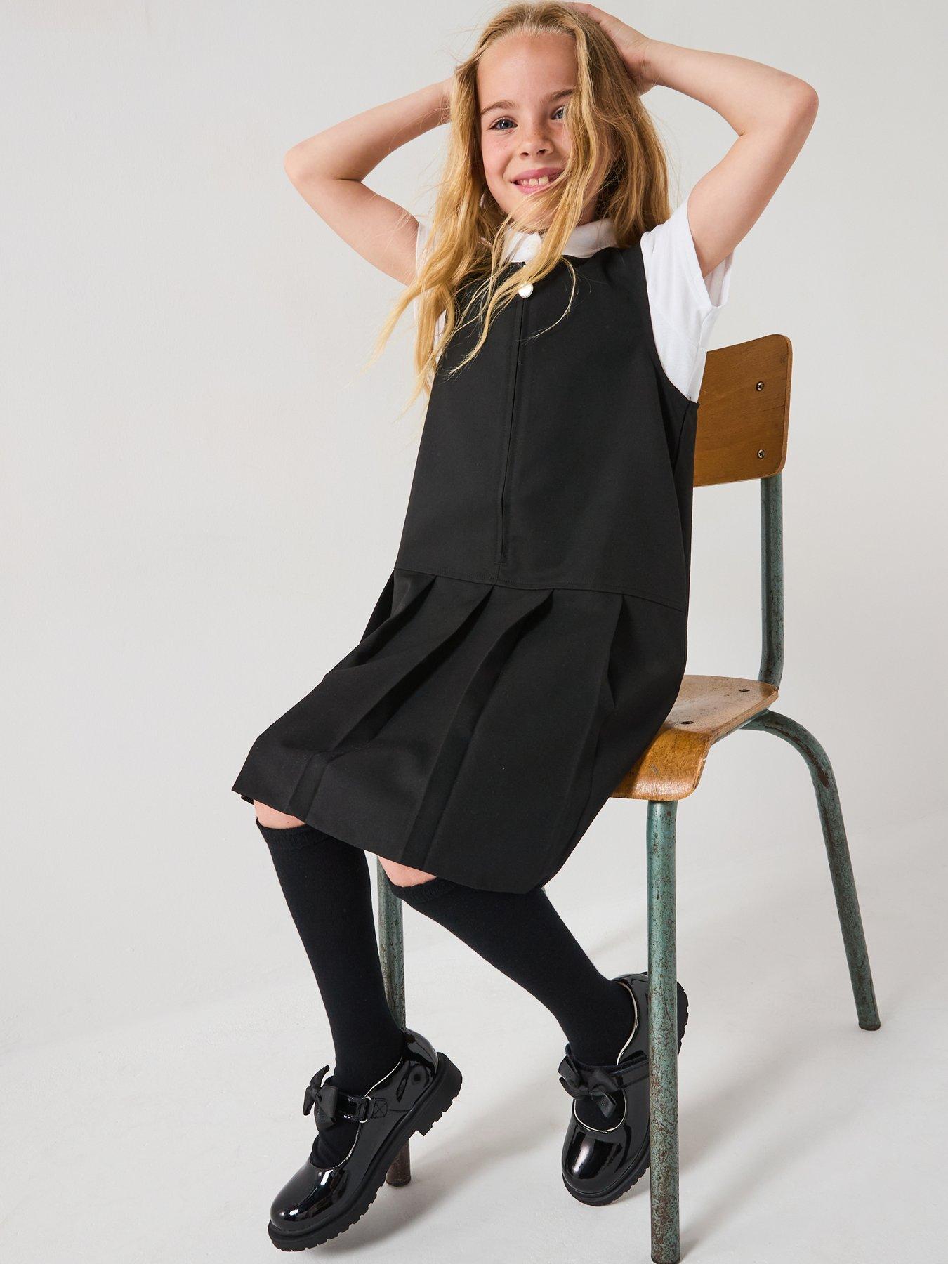 undefined Girls 2 Pack Pleat Pinafore Water-Repellent School Dresses - Black