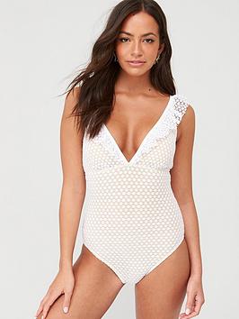 V by Very V By Very Lace Frill Swimsuit - White/Nude Picture