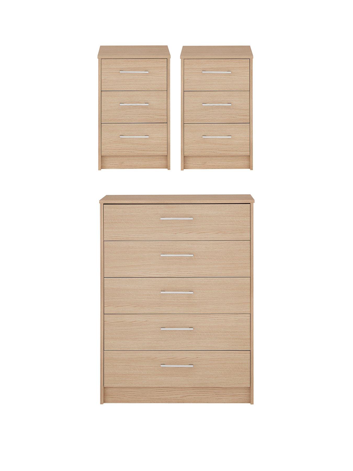 Barlow Ready Assembled 3 Piece Package Chest Of 5 Drawers And 2 Bedside Chests