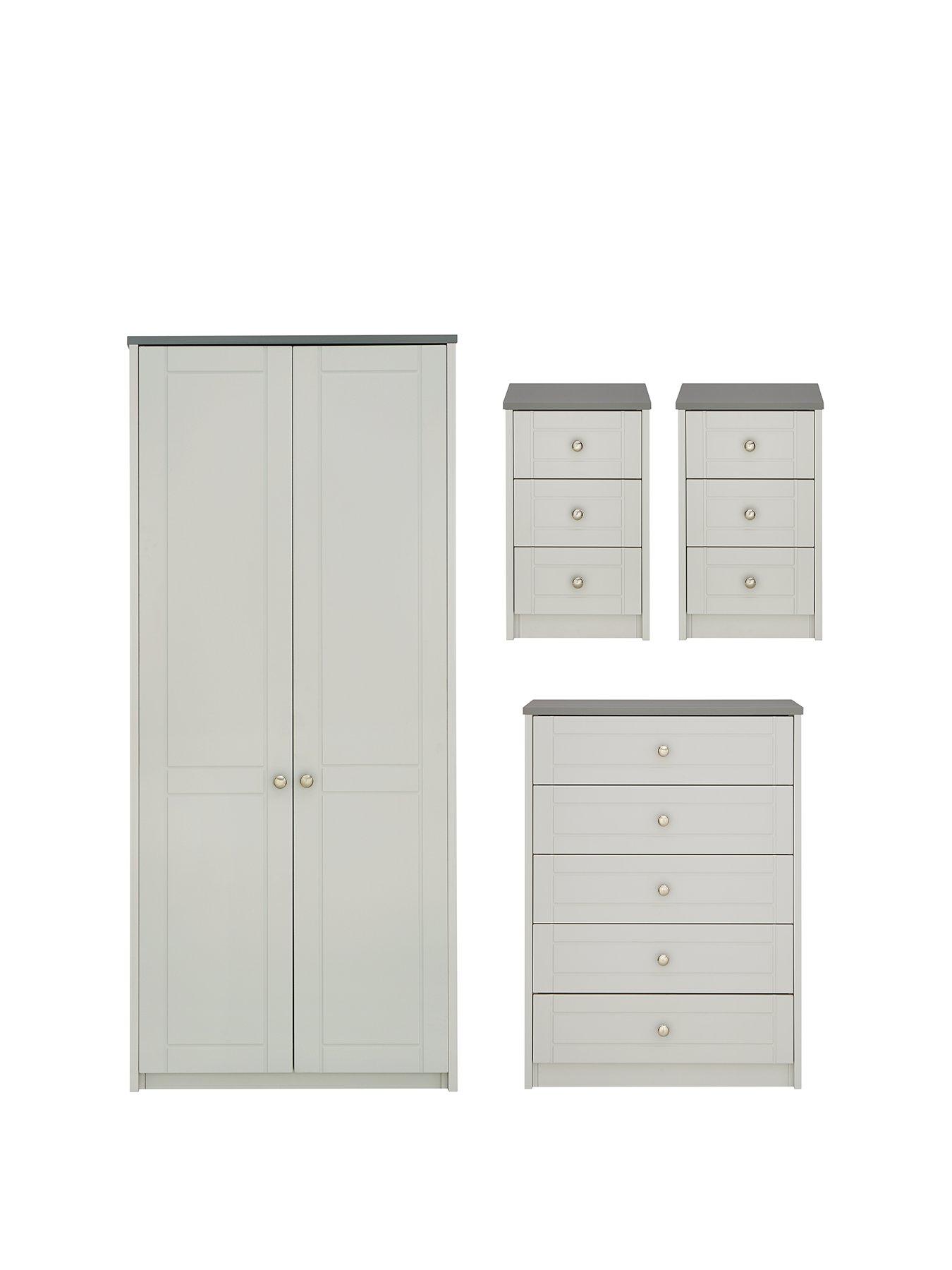 Alderley Ready Assembled 4 Piece Package 2 Door Wardrobe Chest Of 5 Drawers And 2 Bedside Chests
