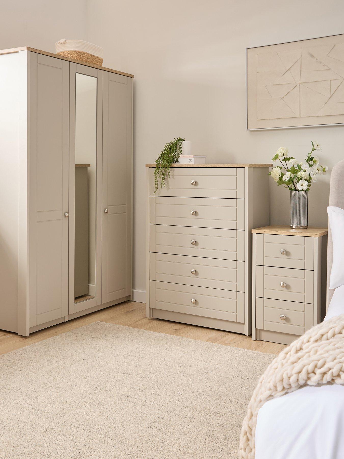 One Call Alderley Part Assembled 4 Piece Package - 3 Door Mirrored Wardrobe, Chest of 5 Drawers and 2 Bedside Chests