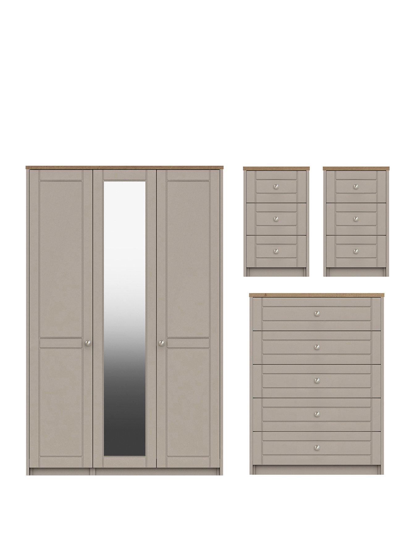  image of one-call-alderley-part-assembled-4-piece-package-3-door-mirrored-wardrobe-chest-of-5-drawers-and-2-bedside-chests