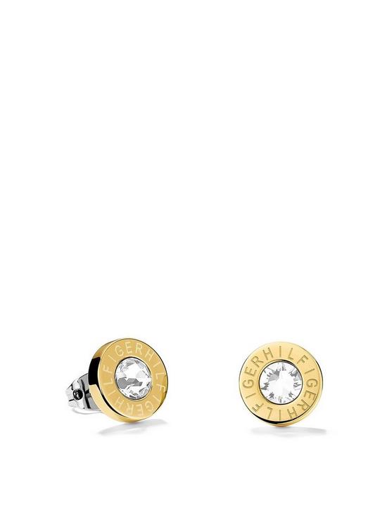 front image of tommy-hilfiger-gold-tone-crystal-set-ladies-stud-earrings