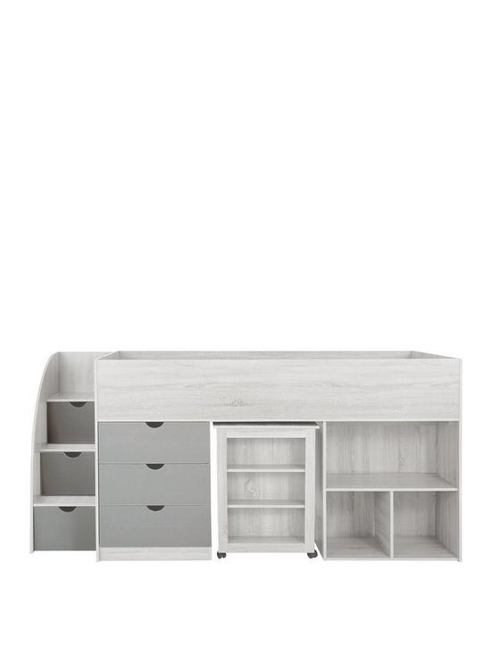front image of mico-mid-sleeper-bed-with-pull-out-desk-andnbspstorage-grainednbspwhitegrey