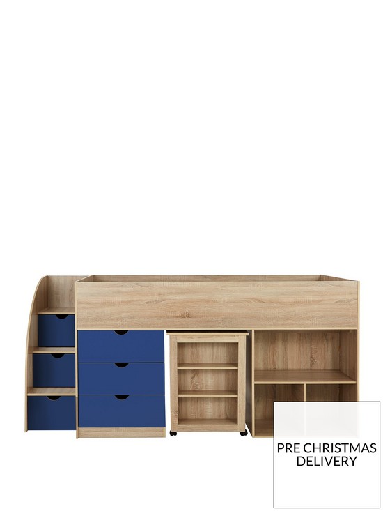 front image of mico-mid-sleeper-bed-with-pull-out-desk-andnbspstorage-oak-effectblue