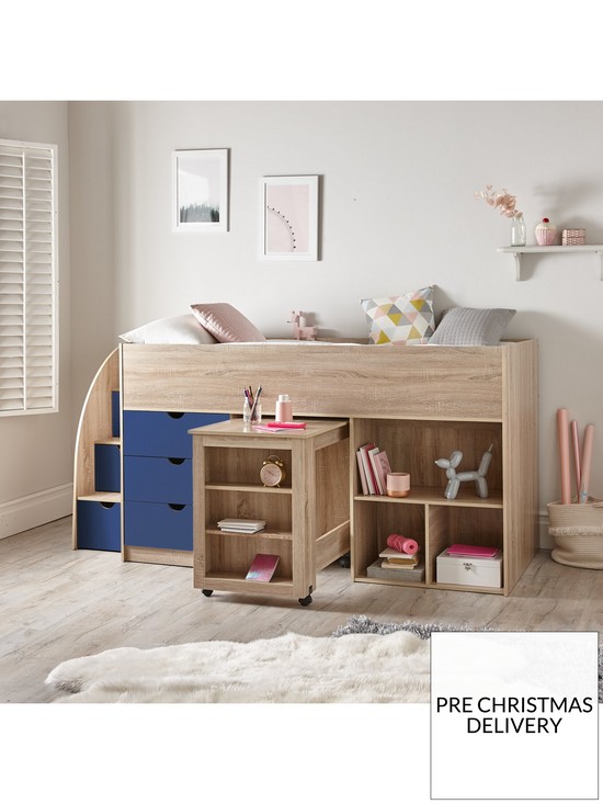 stillFront image of mico-mid-sleeper-bed-with-pull-out-desk-andnbspstorage-oak-effectblue