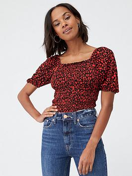 V by Very V By Very Short Sleeve Shirred Milkmaid Top - Red Frills Picture