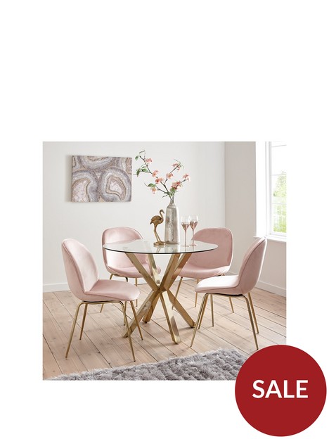 michelle-keegan-home-chopstick-100cm-round-brass-dining-table-4-penny-velvet-chairs-brasspink