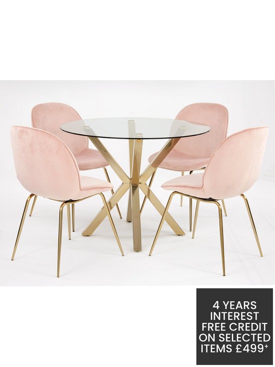 stillFront image of michelle-keegan-home-chopstick-100cm-round-brass-dining-table-4-penny-velvet-chairs-brasspink